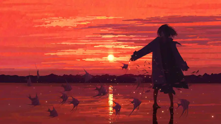 4k夕阳壁纸 - 少女 - 夕阳少女 - 少女插画「哲风壁纸」