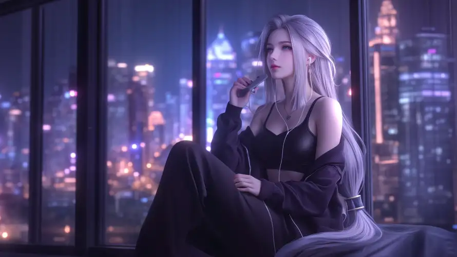 4k灰发壁纸 - 听歌女孩 - 城市夜景 - 夜晚听歌「哲风壁纸」