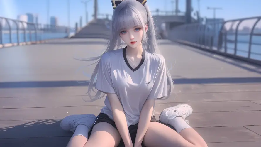 4k银发壁纸 - 少女坐姿 - 户外场景 - 桥边背景「哲风壁纸」