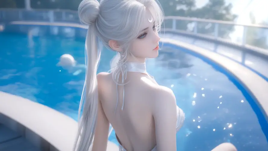 4k夏日壁纸 - 少女 - 泳池 - 背影「哲风壁纸」