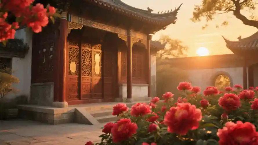 4k古风壁纸 - 夕阳 - 庭院 - 牡丹「哲风壁纸」