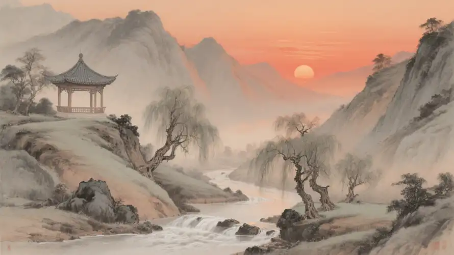 2k凉亭壁纸-中式山水和古风夕阳-古风山水「哲风壁纸」