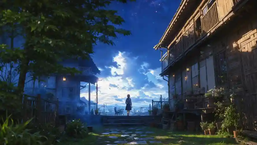 4kAI壁纸 - AI生成 - 乡村小径 - 木屋夜景「哲风壁纸」