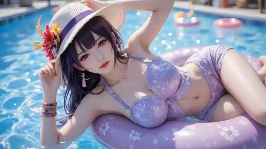 4k泳衣壁纸 - 紫色 - 夏日浮圈 - 少女泳装「哲风壁纸」