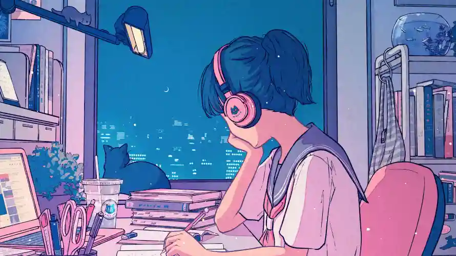 4k女孩壁纸 - 二次元 - 书桌场景 - 夜晚氛围「哲风壁纸」
