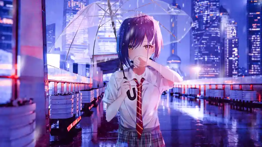 4k夜景壁纸 - 女孩 - 都市 - 雨伞「哲风壁纸」
