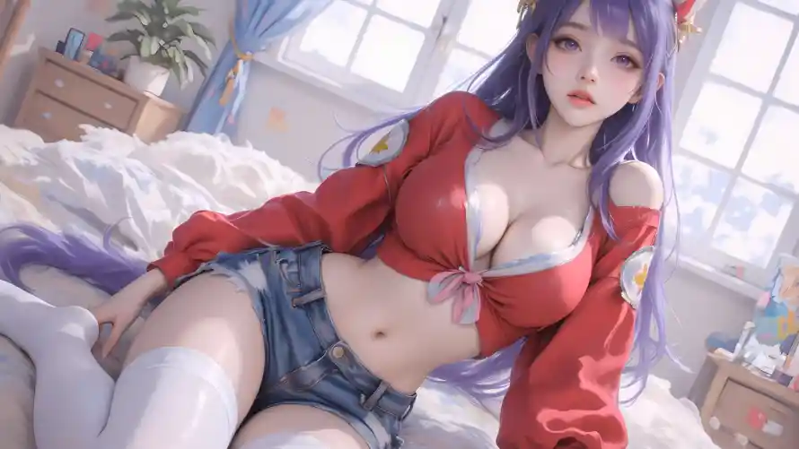 4k蓝发壁纸 - 腰臀比 - 动漫美女 - 卧室场景「哲风壁纸」