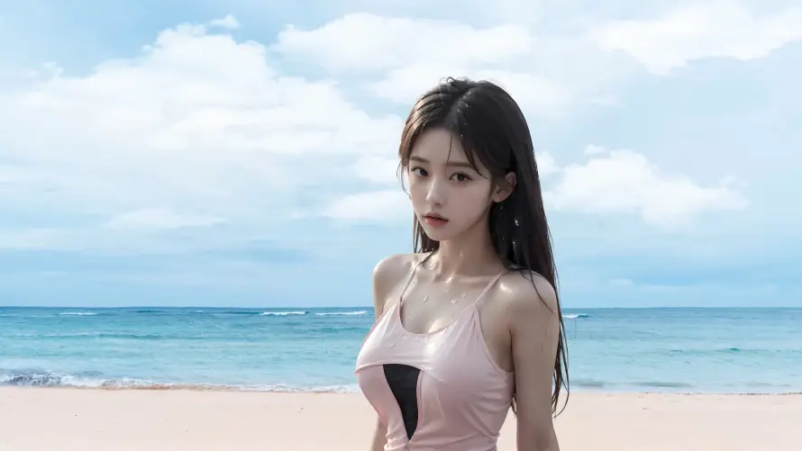 4k清纯壁纸 - 夏日海边 - 泳衣少女 - 海滩背景「哲风壁纸」