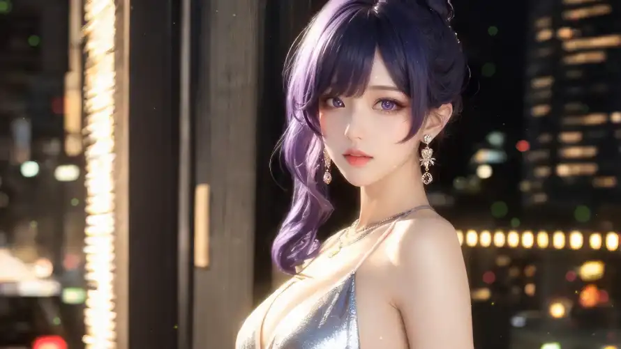 4k紫发壁纸 - 美女 - 夜景背景 - 少女壁纸「哲风壁纸」