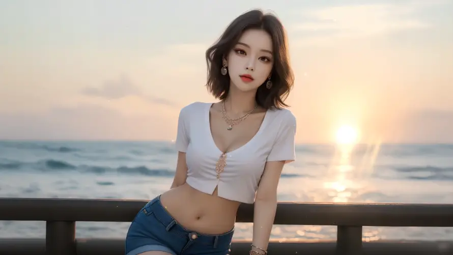 4k性感壁纸 - 晚霞 - 夏日海边 - 夕阳美女「哲风壁纸」