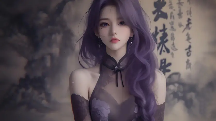 4k紫色壁纸 - 长发 - 中式背景 - 动漫人物「哲风壁纸」