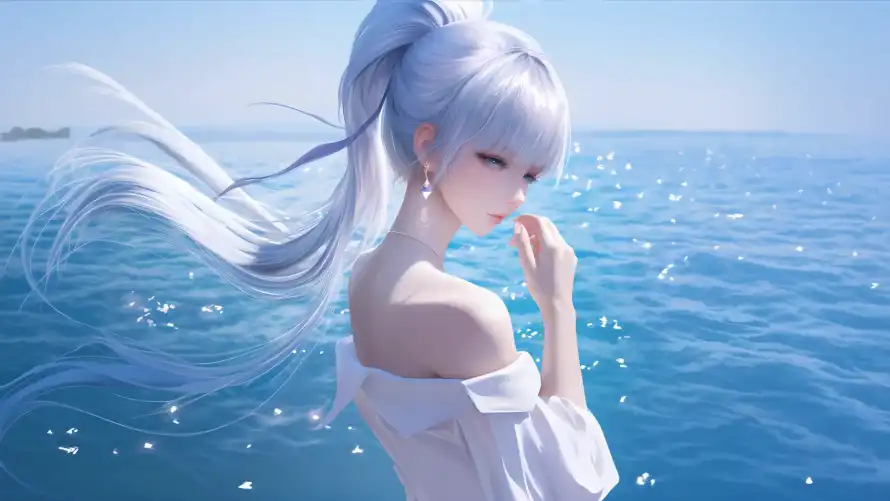 4k女孩壁纸 - 海边 - 动漫插画 - 海边少女「哲风壁纸」