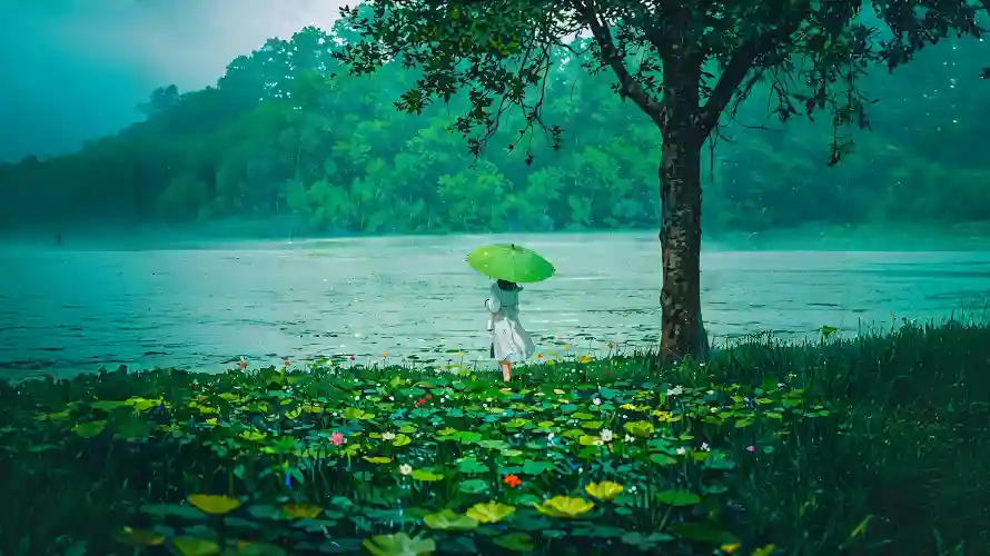 3k下雨壁纸-撑伞少女和树木-清新意境热门的壁纸「哲风壁纸」