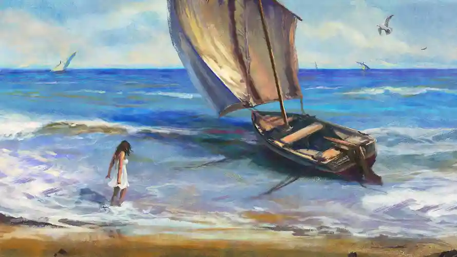 4k天空壁纸 - 女孩 - 帆船 - 沙滩「哲风壁纸」