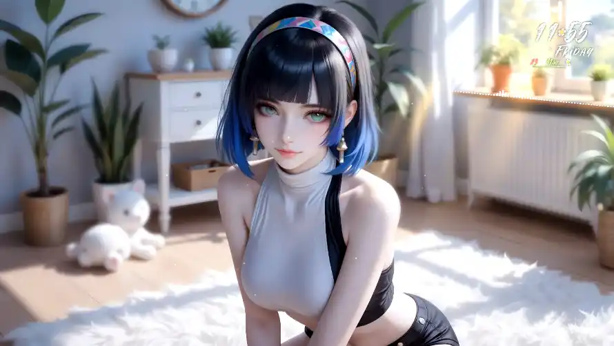 4k短发壁纸 - 美女 - 宠物元素 - 室内场景「哲风壁纸」