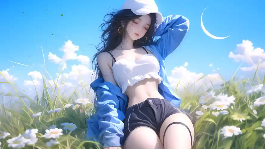 4k性感壁纸 - 草地 - 动漫少女 - 夏日晴空「哲风壁纸」