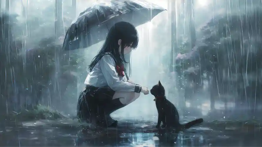 4k下雨壁纸 - 伞 - 猫 - 雨天「哲风壁纸」