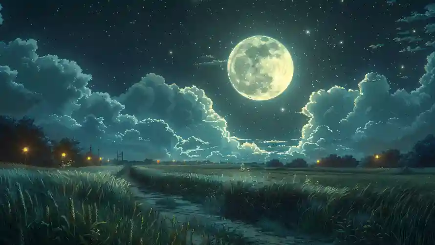 4k月亮壁纸 - 乡间小路 - 云朵月亮 - 夜晚背景「哲风壁纸」