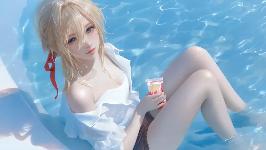 4k坐姿壁纸 - 夏日 - 少女 - 泳池「哲风壁纸」