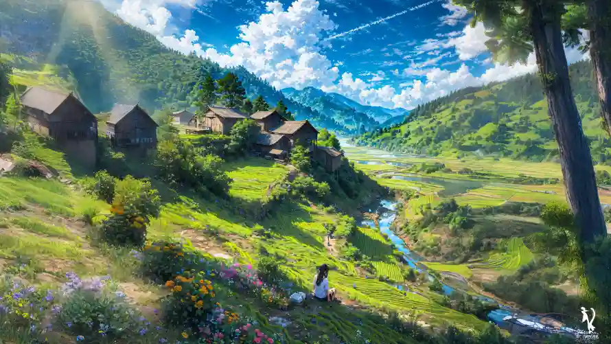 4k山间田野壁纸 - 惬意晴空 - 晴空美景 - 溪边木屋「哲风壁纸」