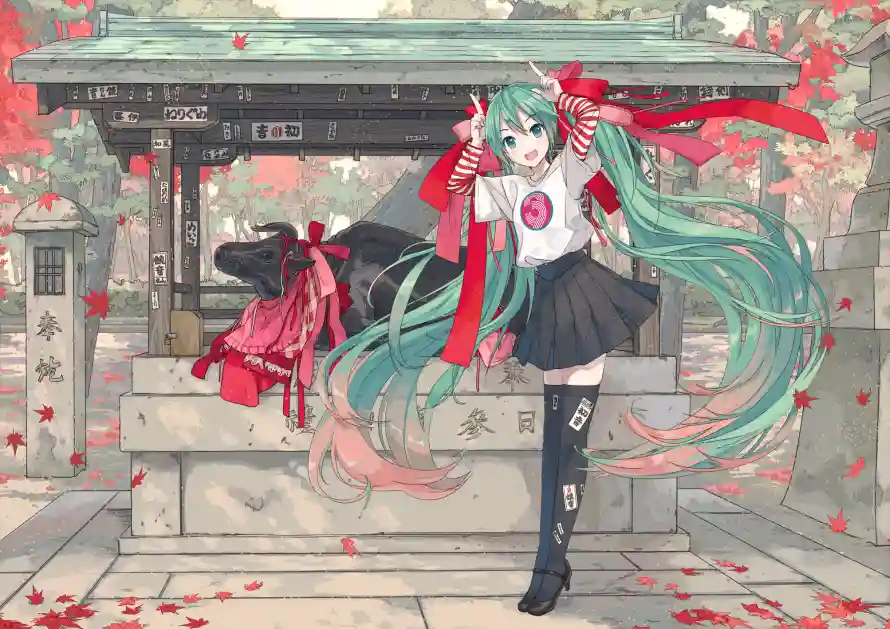 4k寺庙壁纸 - 红叶 - 双马尾 - 初音未来「哲风壁纸」