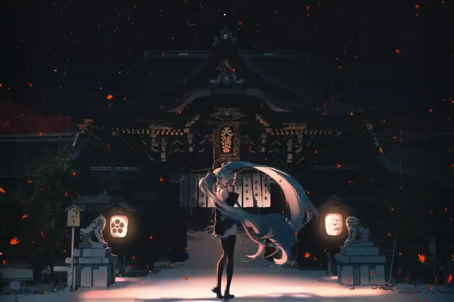 4k寺庙壁纸 - 初音未来 - 夜间场景 - 寺庙夜景「哲风壁纸」