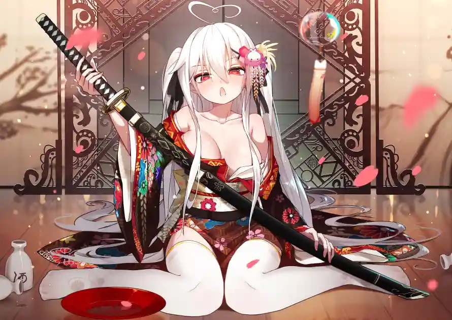 4k白丝壁纸 - 武士刀 - 和服少女 - 樱花元素「哲风壁纸」
