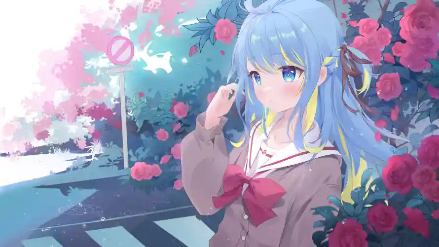 4k玫瑰壁纸 - 蓝眼睛 - 动漫背景 - 少女插画「哲风壁纸」