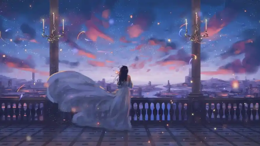 4k女孩壁纸 - 二次元 - 动漫插画 - 夜空阳台「哲风壁纸」