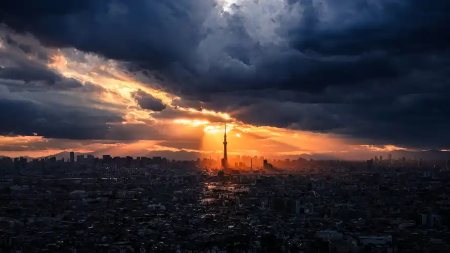 4k夕阳壁纸 - 丁达尔 - 8K城市 - 云层光影「哲风壁纸」