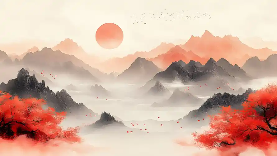 4k红叶树壁纸-中式美学壁纸和云雾山水-传统山水「哲风壁纸」