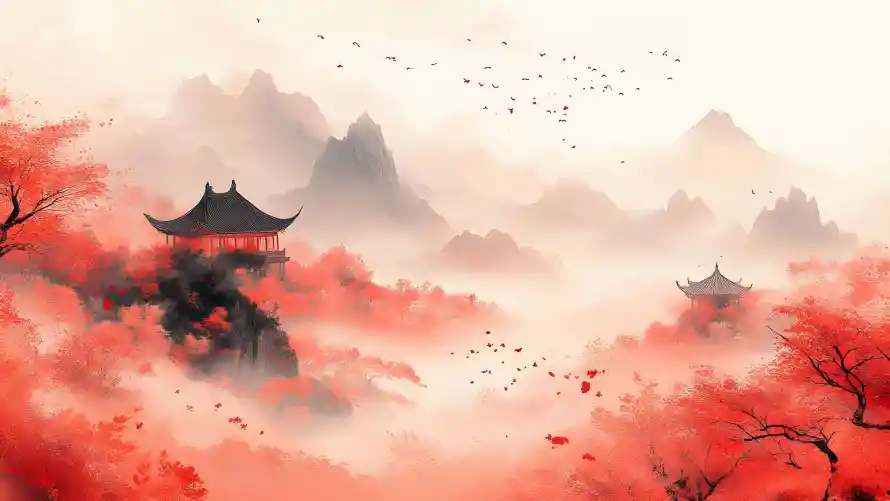 4k中式意境壁纸 - 丹枫古亭 - 云雾飞鸟 - 国风山水「哲风壁纸」