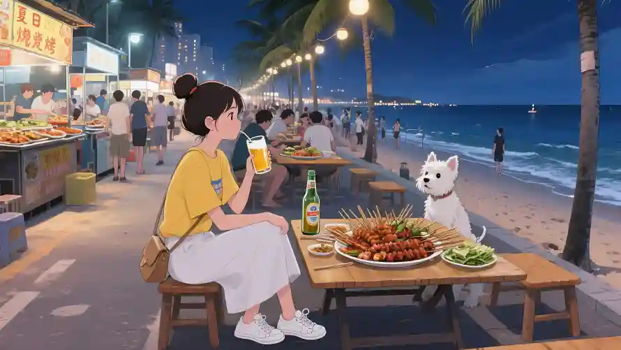 5k夏天休闲壁纸-夜晚海滩 - 宠物小狗-海边烧烤「哲风壁纸」