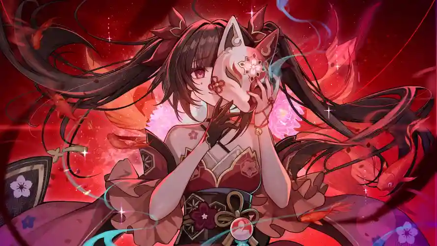 10k面具壁纸-神秘插画与马尾-红色背景壁纸分享「哲风壁纸」
