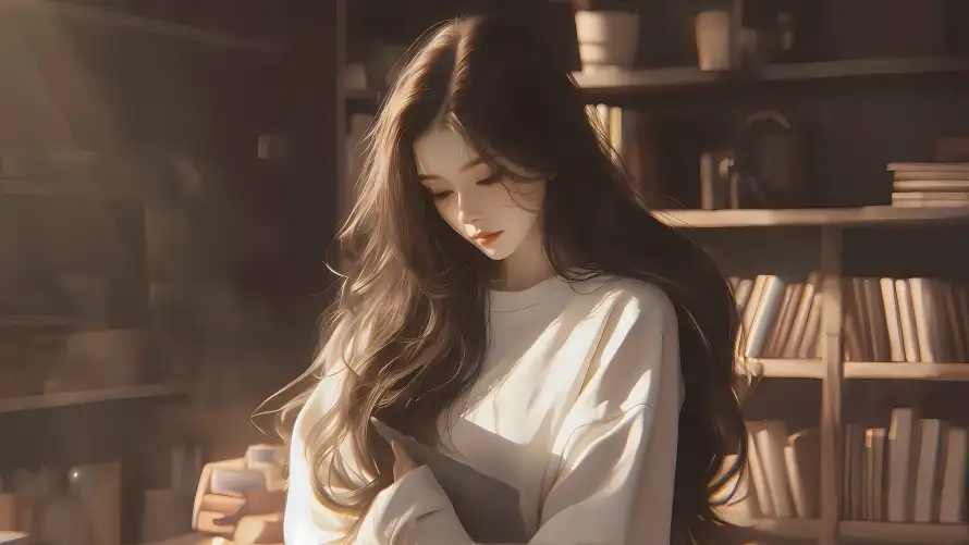4k温暖壁纸 - 美女 - 室内场景 - 暖光书房「哲风壁纸」