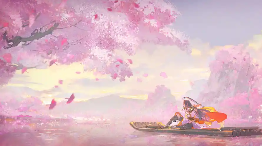 4k动漫角色壁纸 - 古风场景 - 山水背景 - 樱花舟行「哲风壁纸」