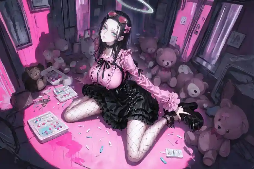 5k渔网袜壁纸-玩偶熊壁纸和少女插画-暗黑萝莉「哲风壁纸」