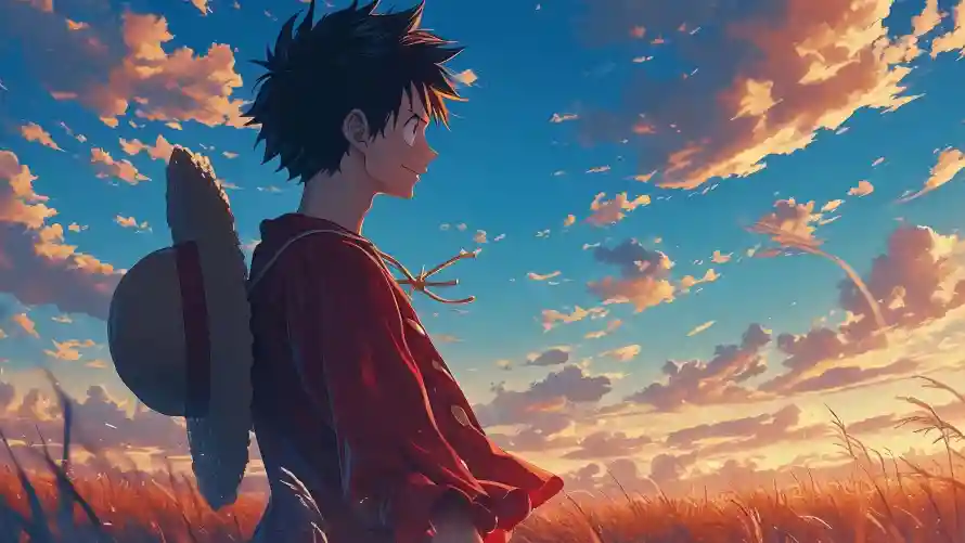 4k动漫角色壁纸-夕阳天空与少年背影-草地场景「哲风壁纸」