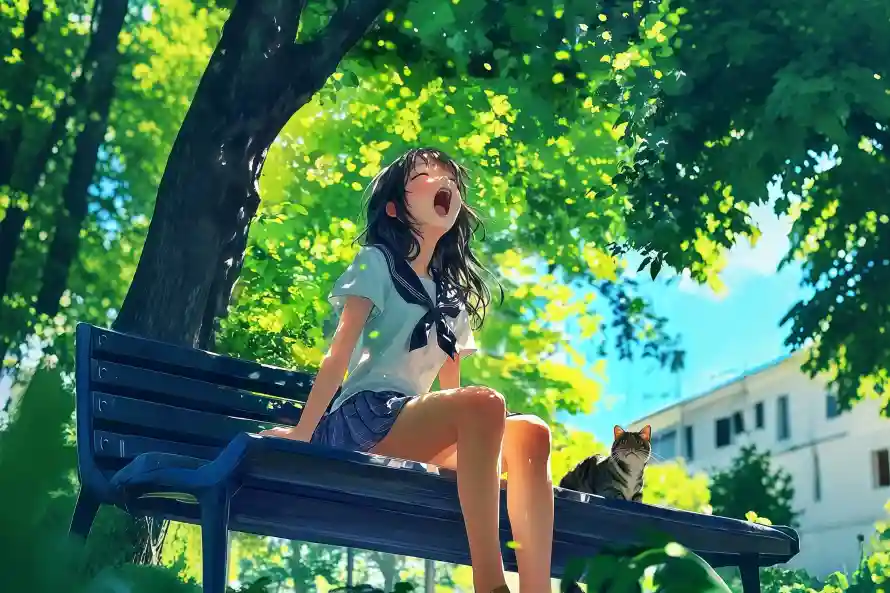 4k呵欠壁纸 - 夏日 - 小猫 - 少女「哲风壁纸」