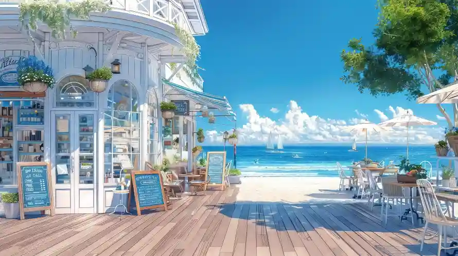 4k小店壁纸 - 绿植 - 遮阳伞 - 夏日滨海「哲风壁纸」