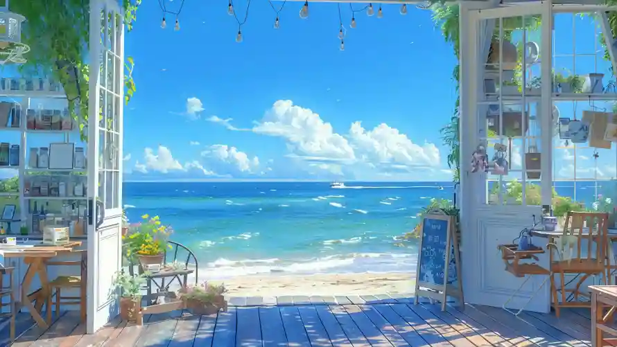 4k治愈系壁纸 - 夏日海滩 - 木质露台 - 海景背景「哲风壁纸」