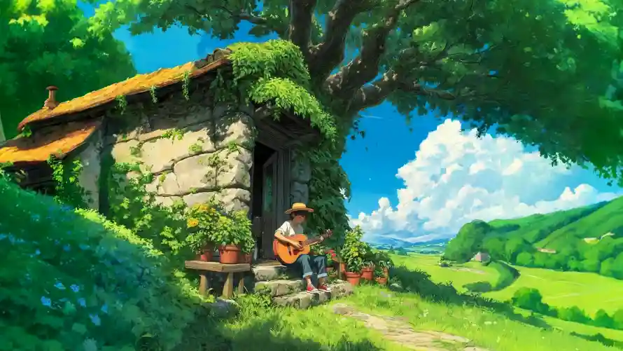 4k吉他壁纸 - 夏日 - 小屋 - 树荫「哲风壁纸」