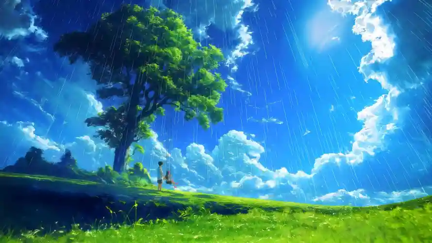 4k夏日壁纸 - 秋千 - 太阳雨 - 动漫风景「哲风壁纸」