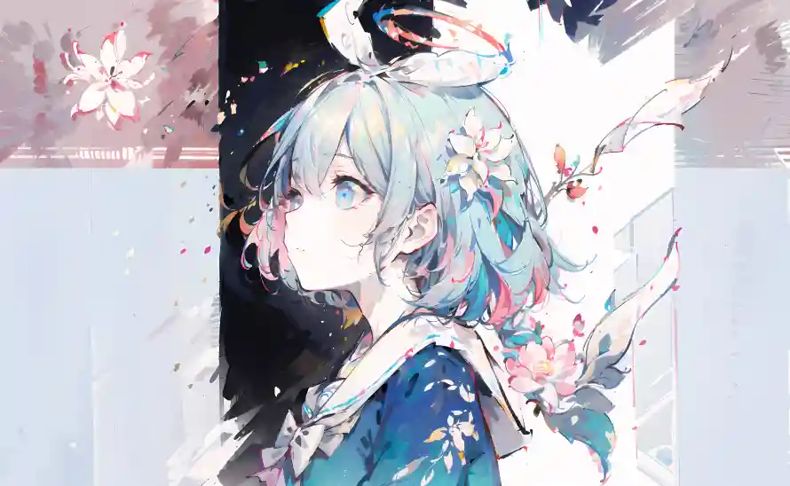 4k阿洛娜壁纸 - 插画风格 - 花朵元素 - 蓝发少女「哲风壁纸」