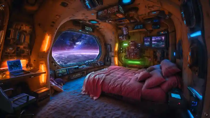 4k太空卧室壁纸 - 宇宙房间 - 科幻空间 - 赛博灯光「哲风壁纸」