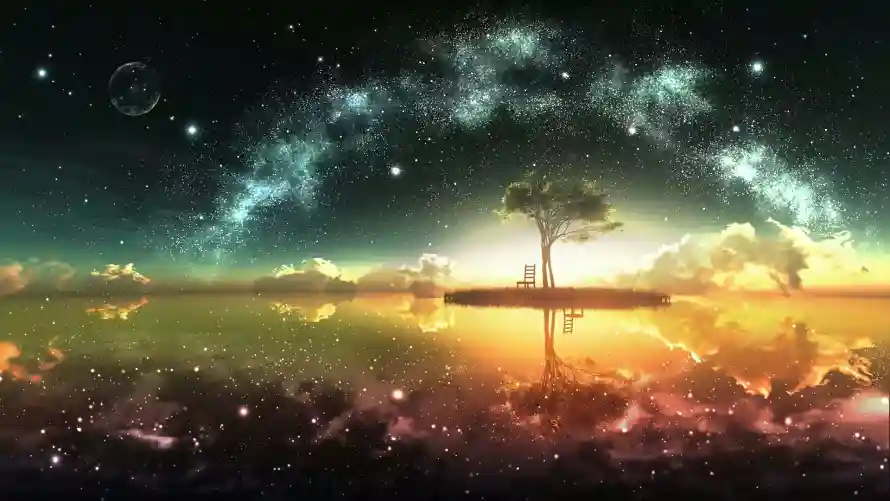 2k奇幻壁纸-天际倒影与星空-晨曦树影壁纸推荐「哲风壁纸」