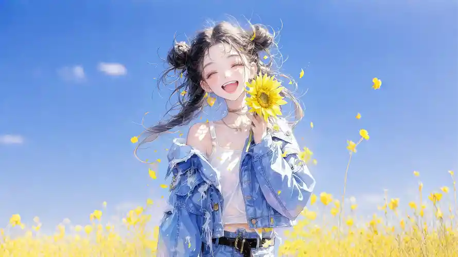 4k向日葵壁纸 - 少女花海 - 晴空蓝天 - 花海少女「哲风壁纸」