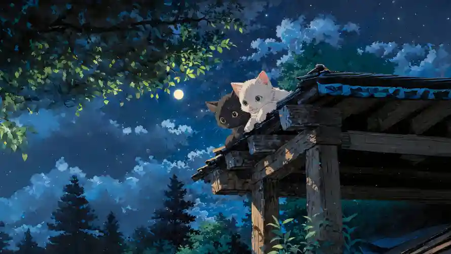4k夜晚壁纸 - 宠物小猫 - 黑猫白猫 - 夜晚黑猫白猫「哲风壁纸」