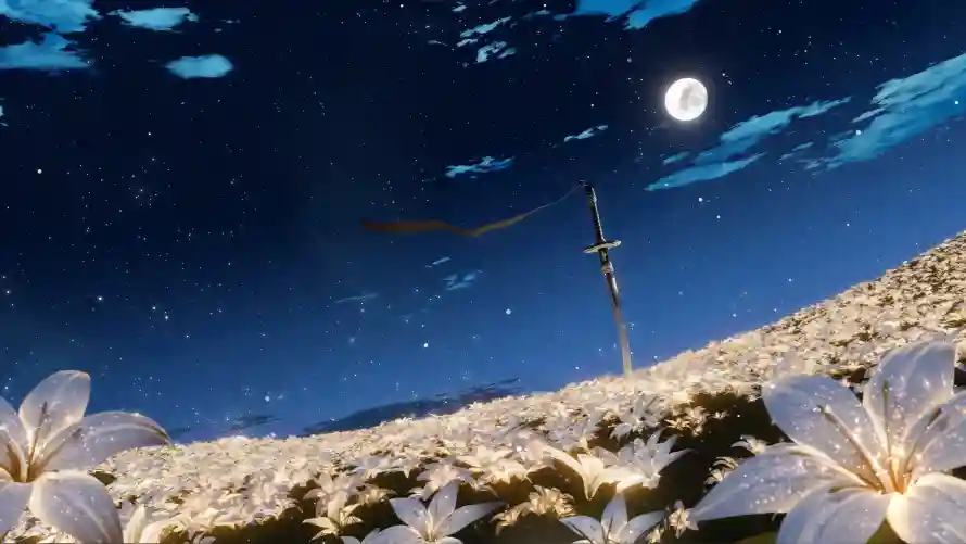 4k尼尔壁纸 - 花海月夜 - 静谧场景 - 月夜十字架「哲风壁纸」