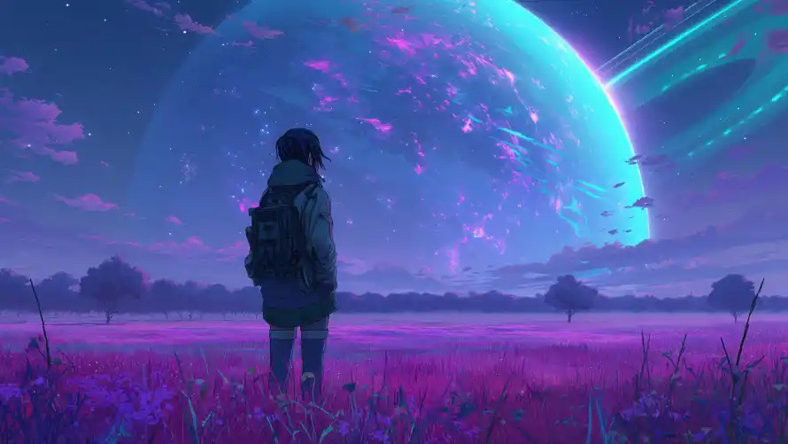 4k动漫壁纸 - 少女 - 星球 - 星空「哲风壁纸」